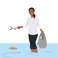 Sad woman cleans ocean of plastic garbage by pulling out bottles using scoop. vector