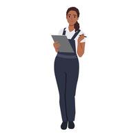 Woman plumber holding pen and clipboard standing and writing solutions. vector