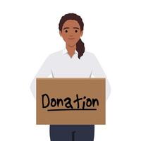 mujer participación donación caja. vector