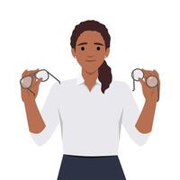 Woman holds glasses and lenses in hands choosing convenient and useful product for eye care. vector