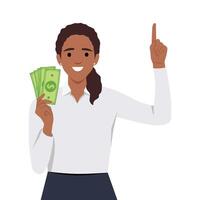 Young woman holding or showing cash, money. vector