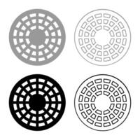 Sewer hatch manhole cover set icon grey black color vector illustration image solid fill outline contour line thin flat style