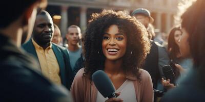 AI generated black journalist interviewing a crowd of people media photo