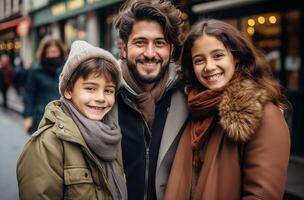 ai generado familia sonrisas juntos en un urbano calle, mostrando fuerte facial expresiones en marrón tonos foto