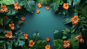 AI generated lush tropical jungle, with dense foliage and vibrant flowers, creating a colorful photo