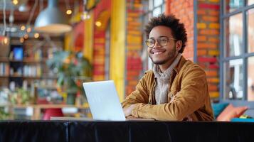 AI generated A lively photo of a young entrepreneur working on a laptop in a colorful coworking space