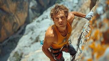 AI generated rock climber scaling a steep cliff, with colorful climbing gear contrasting against photo