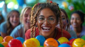 AI generated employees participating in a team-building activity, with colorful props and enthusiastic faces photo