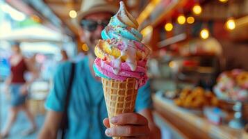 AI generated a person smiling joyfully while holding a colorful ice cream cone photo