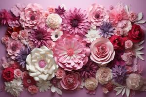 AI generated an arrangement of pink and pink flowers covered with paper, photo