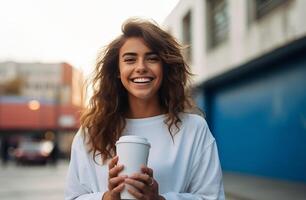 AI generated woman in a white shirt is smiling and holding a coffee cup outdoors photo