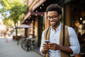 AI generated a man smiling while standing in an urban environment while using his phone photo