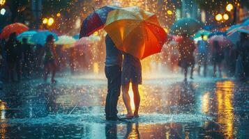 AI generated A playful and romantic photo of a couple dancing in the rain