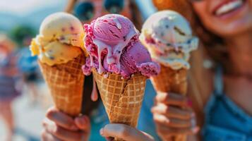 AI generated A delightful image of people enjoying colourful scoops of ice cream on a hot day photo