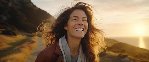 AI generated woman smiling by the road and kicking into some trail photo