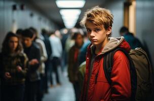 AI generated boy in hallway looking down at his backpack in disbelief with other people photo