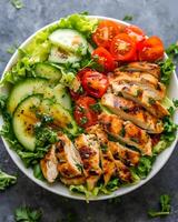 AI generated Grilled chicken salad on a white plate surrounded by celery leaves on a dark cement table photo