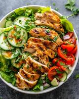 AI generated Grilled chicken salad on a white plate surrounded by celery leaves on a dark cement table photo