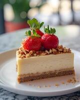 AI generated Cheesecake with a layer of nuts on the bottom and three strawberries on top photo