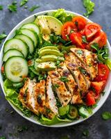 AI generated Grilled chicken salad on a white plate surrounded by celery leaves on a dark cement table photo