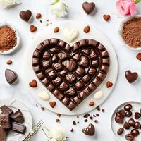 AI generated Valentine's chocolates in the shape of love on a marble table and surrounded by ingredients photo