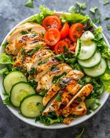 AI generated Grilled chicken salad on a white plate surrounded by celery leaves on a dark cement table photo