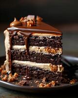 AI generated Peanut butter chocolate layer cake, the chocolate is melting photo