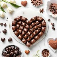 AI generated Valentine's chocolates in the shape of love on a marble table and surrounded by ingredients photo