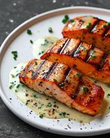 AI generated Slices of grilled salmon with creamy mustard chive sauce sprinkled with pepper on a white plate photo