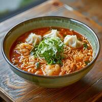 AI generated Kimchi noodle soup with dumplings in a light green bowl on a wooden table photo