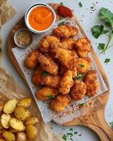 AI generated Air fryer chicken bites and a small bowl containing sauce on a wooden cutting board, there are fries and also spices around it photo