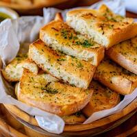 AI generated Several pieces of Italian garlic bread on greaseproof paper in a wooden bowl photo