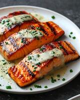 AI generated Slices of grilled salmon with creamy mustard chive sauce sprinkled with pepper on a white plate photo