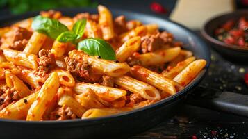 AI generated Beef penne pasta in tomato sauce in a black pan photo