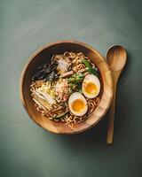 AI generated Ramen in aesthetic wooden bowl on clean green background, delicious japanese food photo