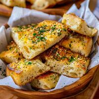 AI generated Several pieces of Italian garlic bread on greaseproof paper in a wooden bowl photo