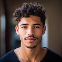 AI generated black curly haired Spanish 19 years old man photo