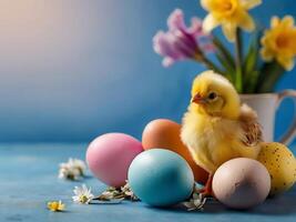 AI generated Easter concept, chick in with Easter eggs and spring flowers on blue background. photo