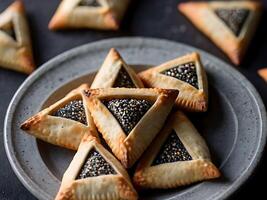 AI generated Traditional pastry for Purim Jewish holiday Hamantaschen cookies or Aman ears, triangular cookies with poppy seeds on dark background, top view. AI Generated photo