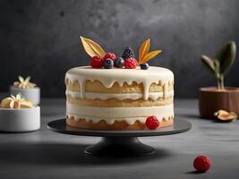 AI generated Layered vanilla cake with whipped cream and fresh berries on top, on a gray table background. Beautifully plated dessert restaurant dish. photo