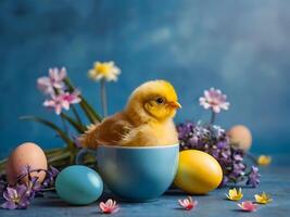 ai generado Pascua de Resurrección polluelo en té taza en azul antecedentes con Pascua de Resurrección huevos y primavera flores ai generado. foto