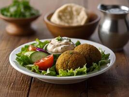 ai generado falafel pelotas y Fresco vegetales en el lámina, de madera antecedentes. foto