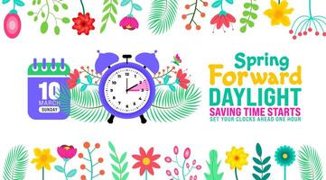 Spring Forward concept 2024 banner. Daylight Saving Time Starts background with cartoon doodle style with funny clock flower. schedule of changing clocks at march 10, 2024. Spring Forward clock banner vector