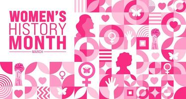 March is Womens History Month geometric shape pattern  background template with women vector and women icon sign design. use to background, banner, placard, card, and poster design template.