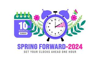 Spring Forward concept 2024 banner. Daylight Saving Time Starts background with cartoon doodle style with funny clock flower. schedule of changing clocks at march 10, 2024. Spring Forward clock banner vector