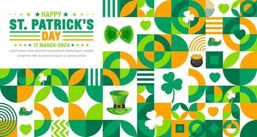 17 March is Happy St. Patrick's day geometric shape pattern  background with green leaves background template. St Patrick day or saint Patrick day 2024 banner. vector