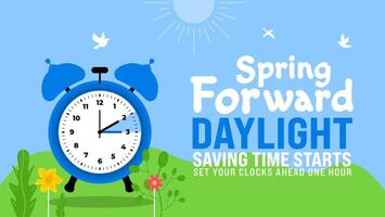 Spring Forward concept 2024 banner. Daylight Saving Time Starts background with cartoon doodle style with funny clock flower. schedule of changing clocks at march 10, 2024. Spring Forward clock banner vector