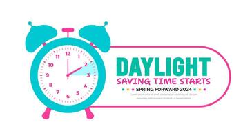 Spring Forward concept 2024 banner. Daylight Saving Time Starts background with cartoon doodle style with funny clock flower. schedule of changing clocks at march 10, 2024. Spring Forward clock banner vector