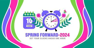 Spring Forward concept 2024 banner. Daylight Saving Time Starts background with cartoon doodle style with funny clock flower. schedule of changing clocks at march 10, 2024. Spring Forward clock banner vector