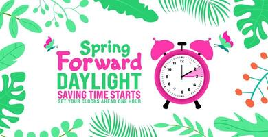 Spring Forward concept 2024 banner. Daylight Saving Time Starts background with cartoon doodle style with funny clock flower. schedule of changing clocks at march 10, 2024. Spring Forward clock banner vector